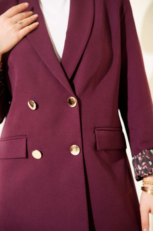 Astarı Leoparlı Kruvaze Ceket Mor