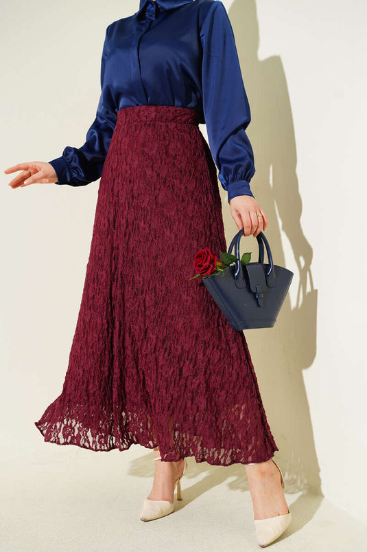 Astarlı Dantelli Etek Bordo