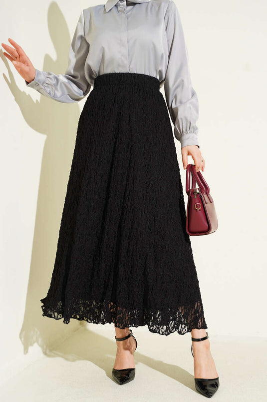 Astarlı Dantelli Etek Siyah