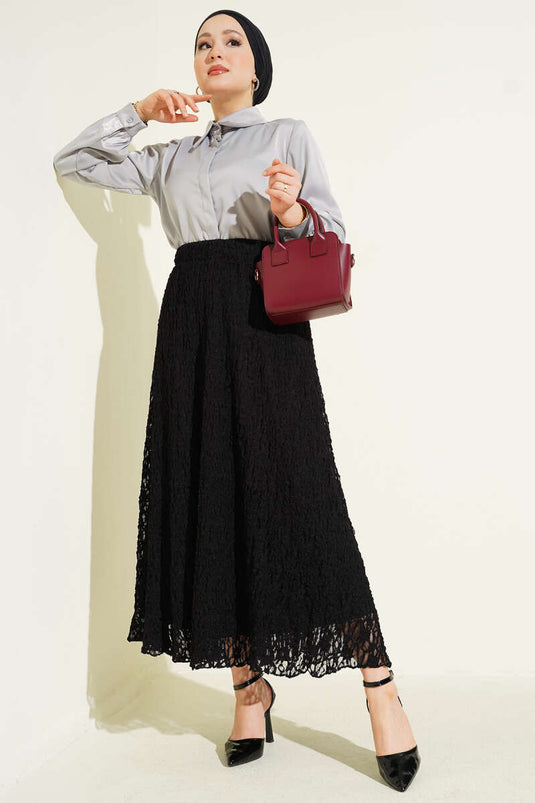 Astarlı Dantelli Etek Siyah