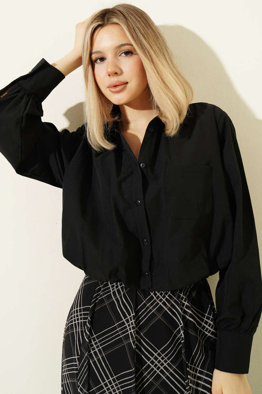 Astarlı Kısa Poplin Gömlek Siyah