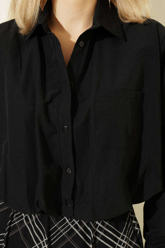 Astarlı Kısa Poplin Gömlek Siyah