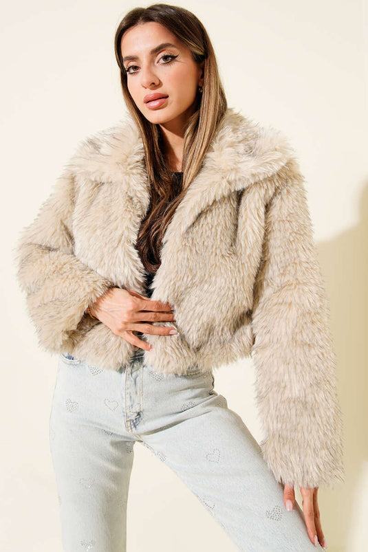 معطف فرو مبطن مزدوج الصدر، بيج