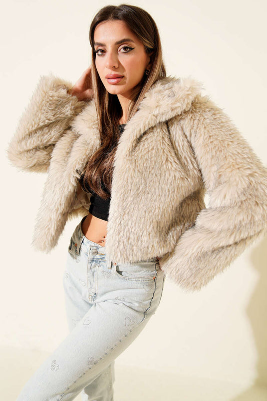 Astarlı Kruvaze Yaka Kürk Mont Bej