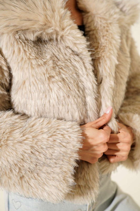 معطف فرو مبطن مزدوج الصدر، بيج