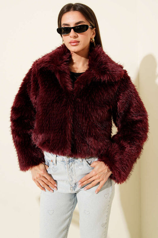 Astarlı Kruvaze Yaka Kürk Mont Bordo