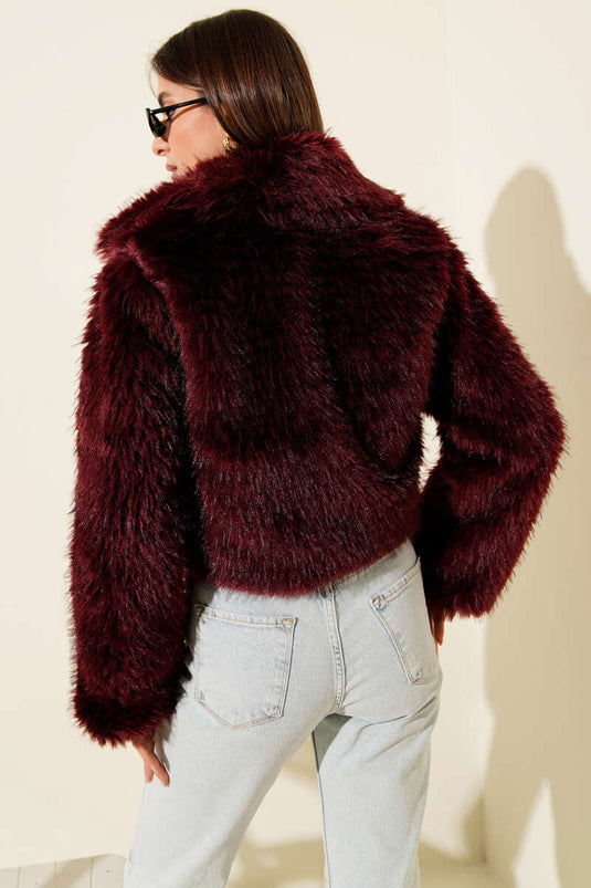 Astarlı Kruvaze Yaka Kürk Mont Bordo