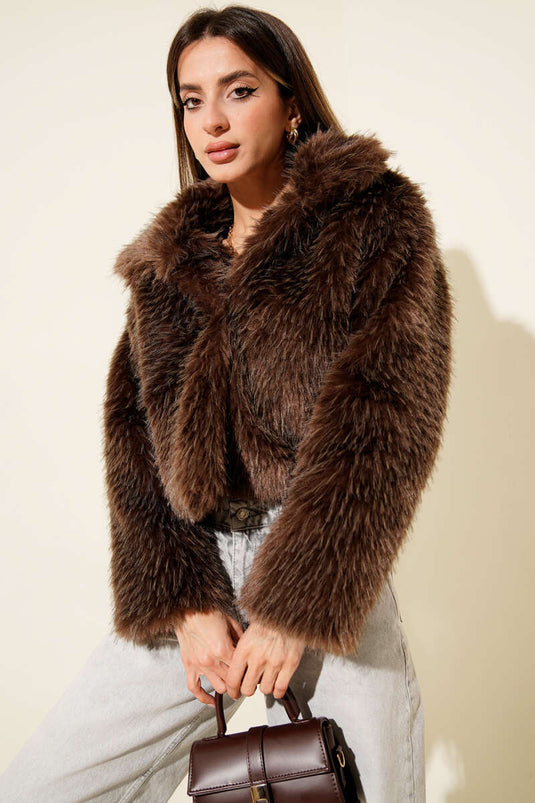 Astarlı Kruvaze Yaka Kürk Mont Kahve