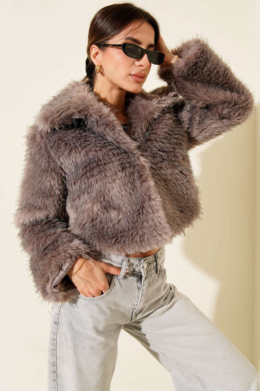 Astarlı Kruvaze Yaka Kürk Mont Vizon