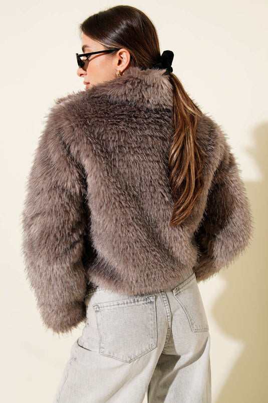 Astarlı Kruvaze Yaka Kürk Mont Vizon