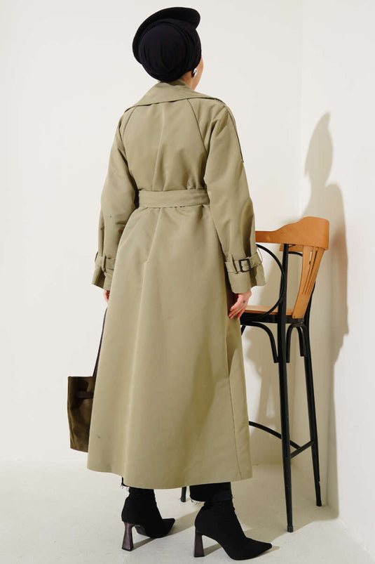 Gefütterter, langer Trenchcoat mit Gürtel, Mandelgrün