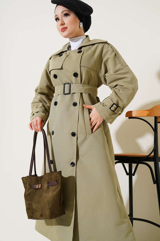 Gefütterter, langer Trenchcoat mit Gürtel, Mandelgrün