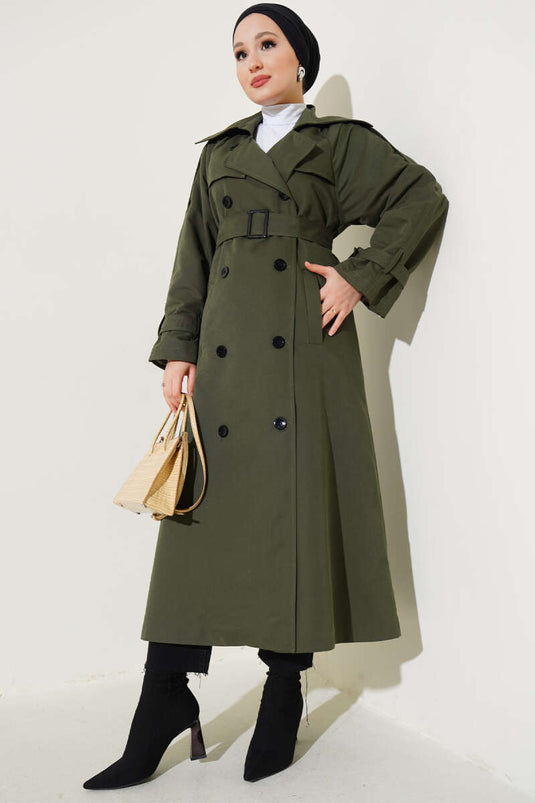 معطف ترنش طويل مبطن بحزام بلون كاكي