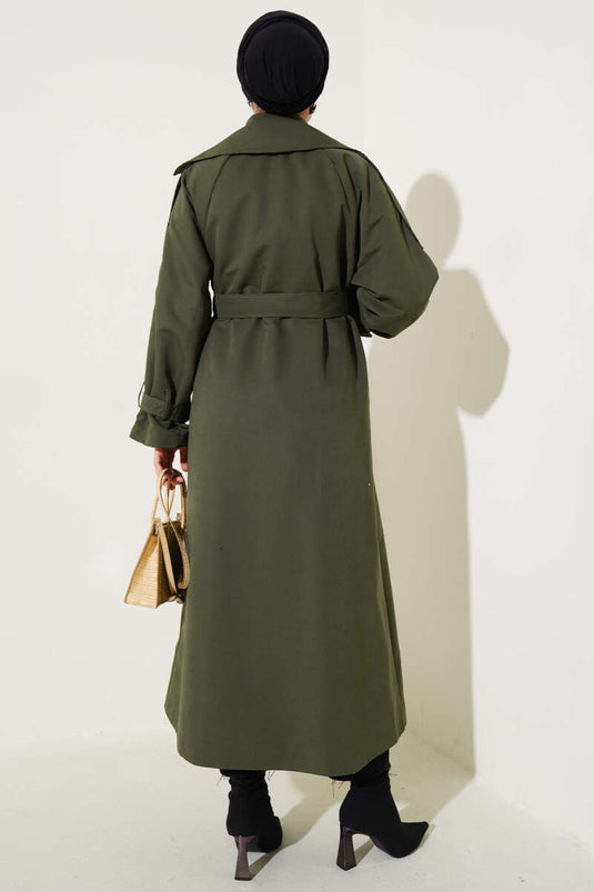 Gefütterter, langer Trenchcoat mit Gürtel in Khaki
