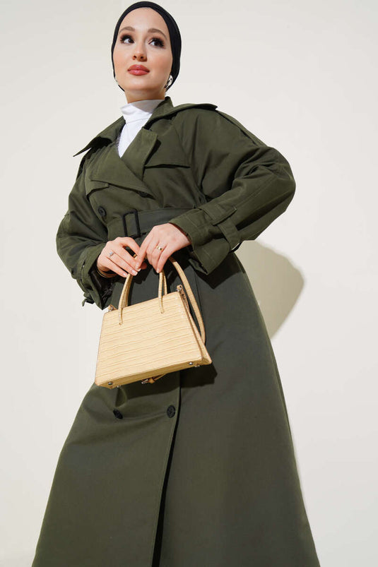 Gefütterter, langer Trenchcoat mit Gürtel in Khaki