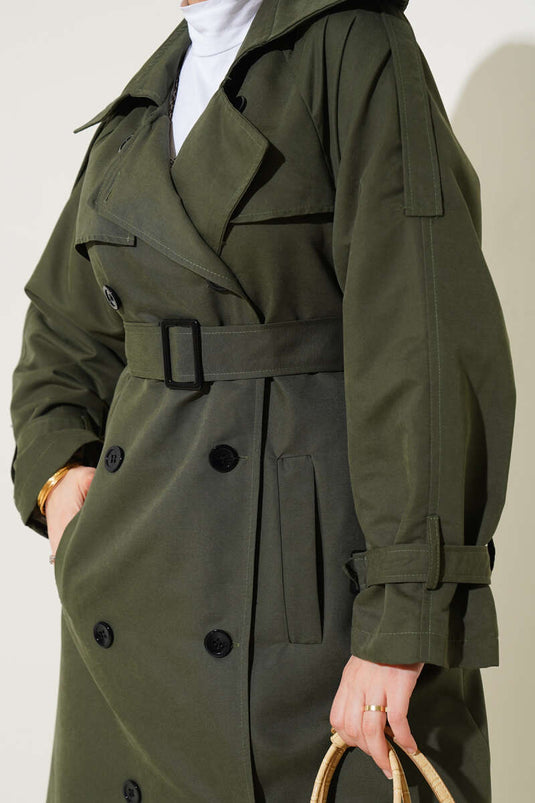 معطف ترنش طويل مبطن بحزام بلون كاكي