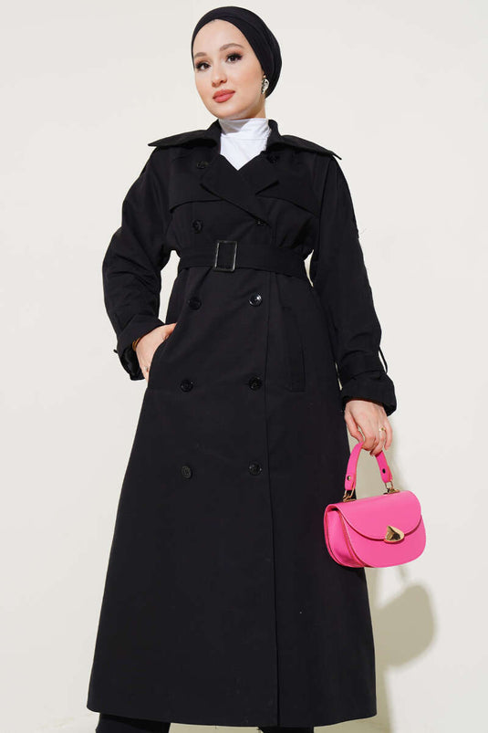 معطف ترنش طويل مبطن بحزام أسود