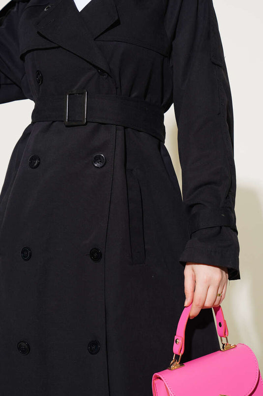 معطف ترنش طويل مبطن بحزام أسود