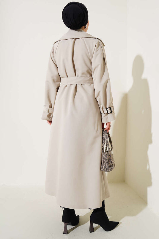 Lined Belted Long Trench Coat Stone