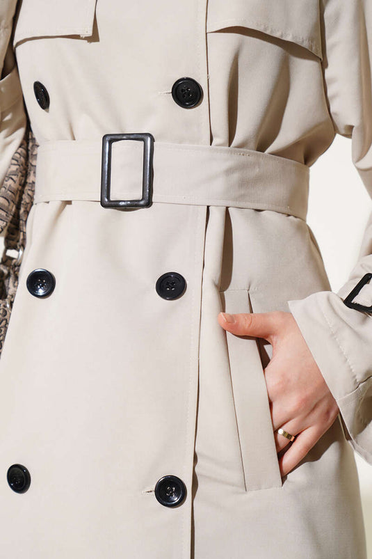 Gefütterter, langer Trenchcoat mit Gürtel in Stein