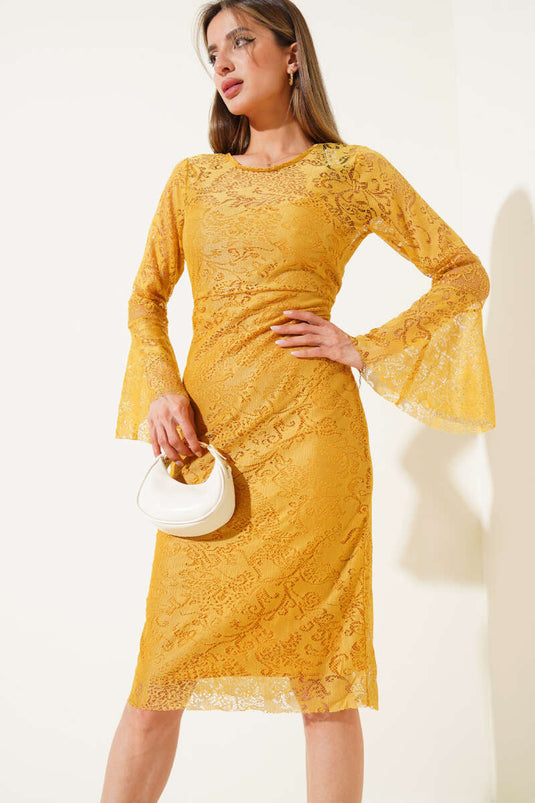 Gefüttertes Tüllkleid Senfgelb