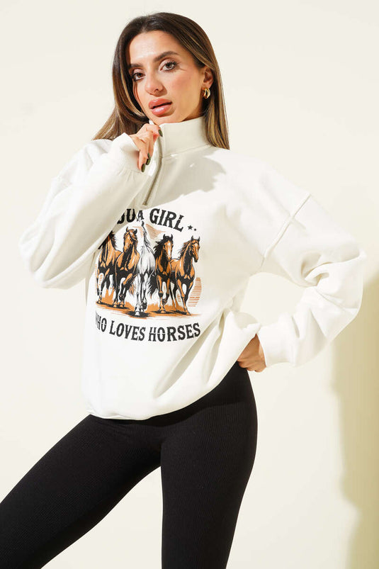 Sweat-shirt zippé à imprimé cheval, écru