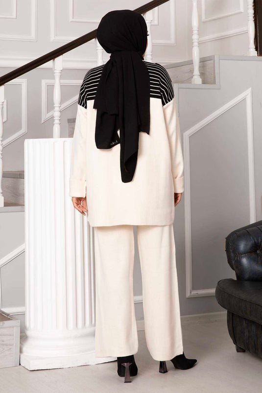 Detailed Striped Two-Piece Knit Set Ecru