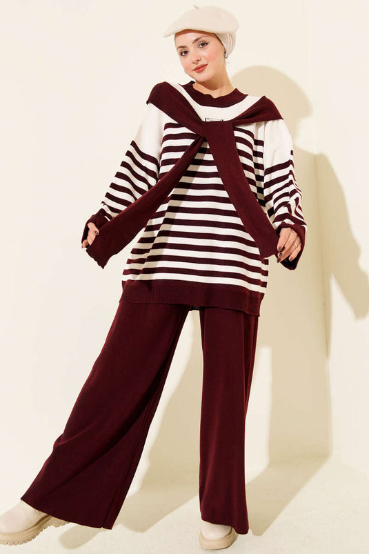 Atkı Detaylı Çizgili Triko İkili Takım Bordo
