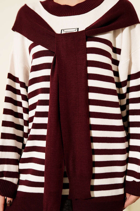 Atkı Detaylı Çizgili Triko İkili Takım Bordo