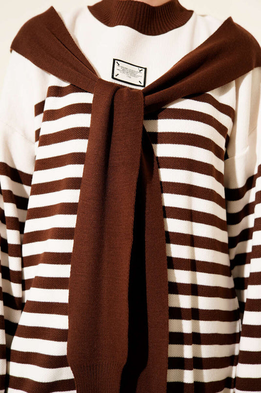 Scarf Detailed Striped Knitted Two-Piece Set Brown