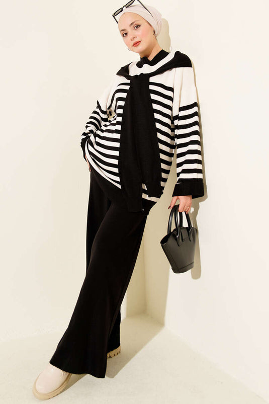 Atkı Detaylı Çizgili Triko İkili Takım Siyah