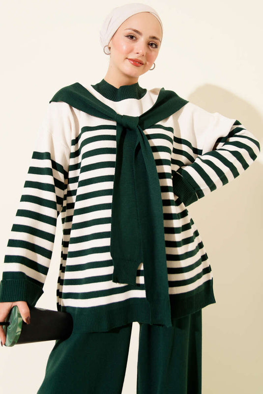 Sjaal Met Details Gestreepte Gebreide Tweedelige Set Smaragd
