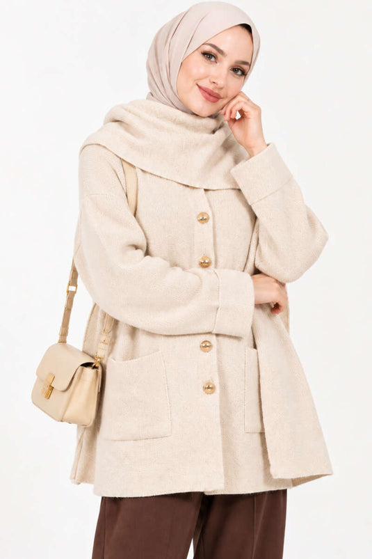 Beige Strickjacke Mit Knöpfen Und Schal-Detail