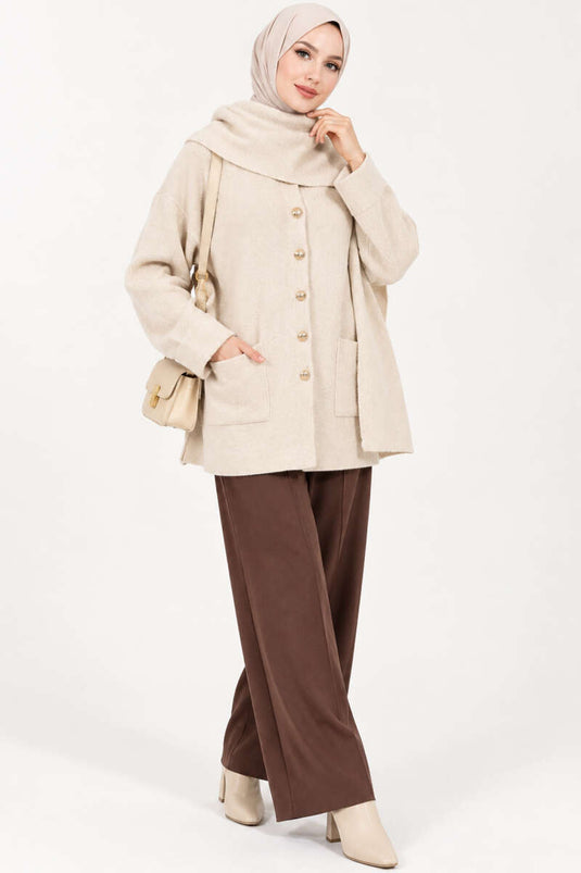 Beige Strickjacke Mit Knöpfen Und Schal-Detail