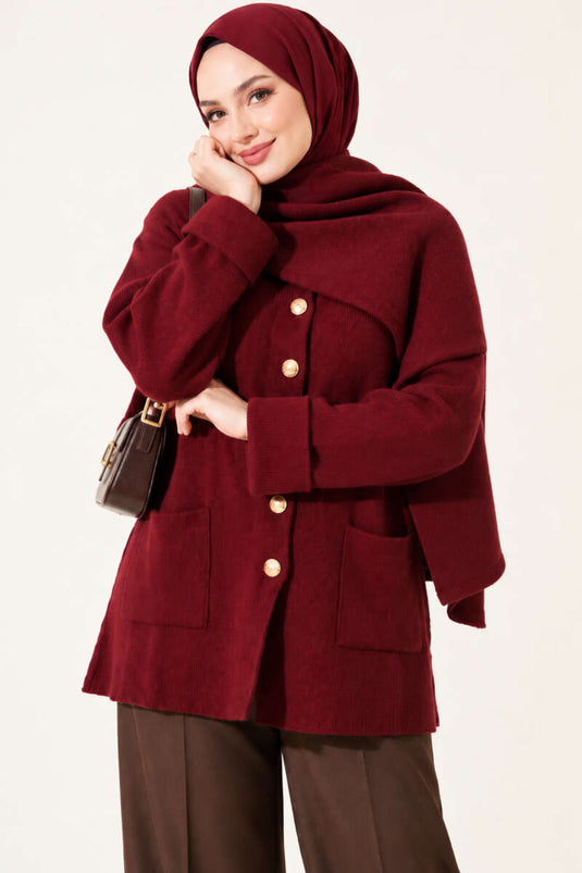 Bordeaux Strickjacke Mit Knöpfen Und Schal-Detail