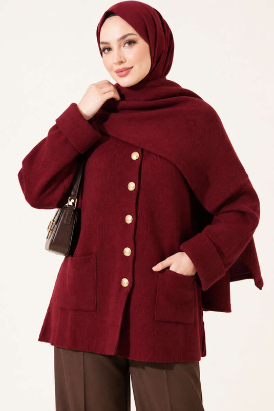 Bordeaux Strickjacke Mit Knöpfen Und Schal-Detail