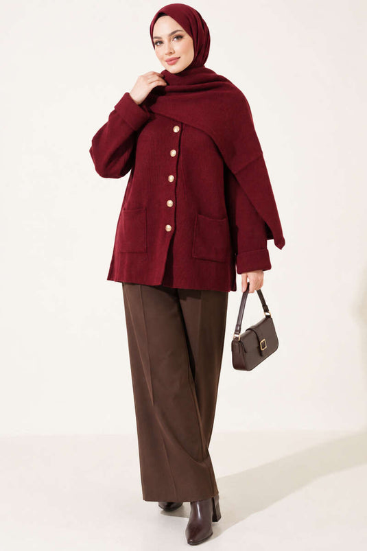 Bordeaux Strickjacke Mit Knöpfen Und Schal-Detail