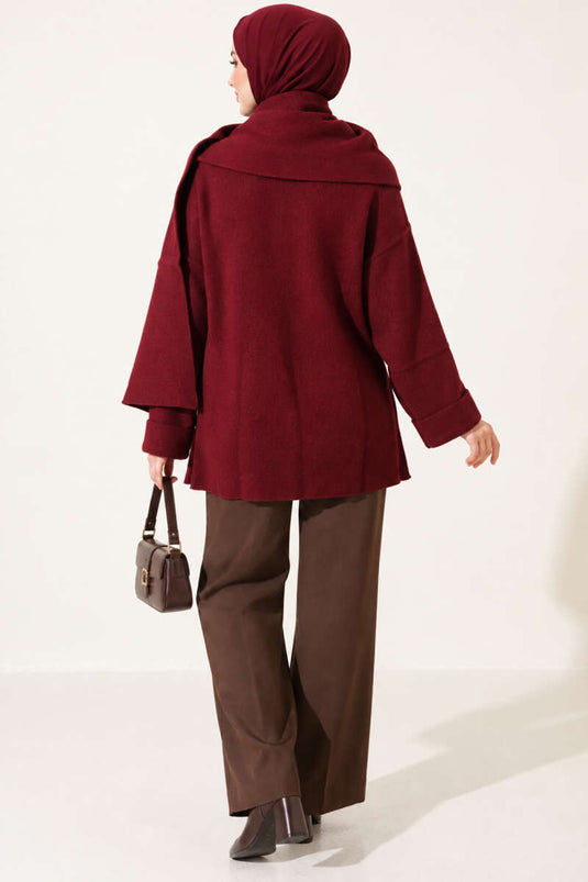 Bordeaux Strickjacke Mit Knöpfen Und Schal-Detail