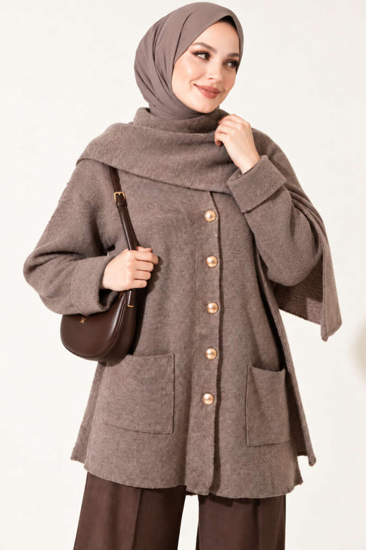 Cardigan In Maglia Con Bottoni E Cintura In Visone