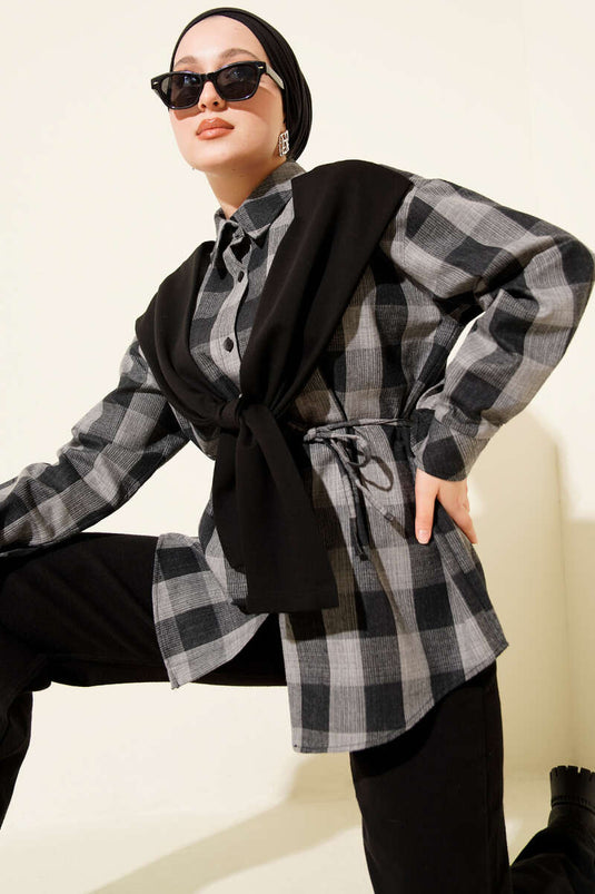 Chemise à carreaux avec détails en écharpe anthracite