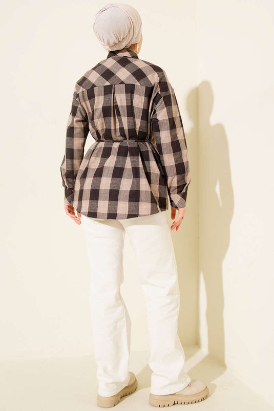 Chemise à carreaux avec détails en écharpe beige