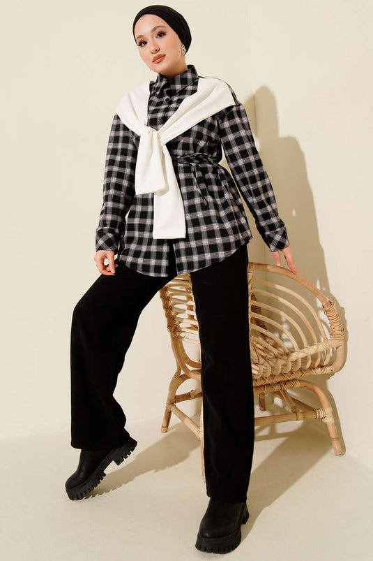 Chemise à carreaux avec détails en écharpe noire