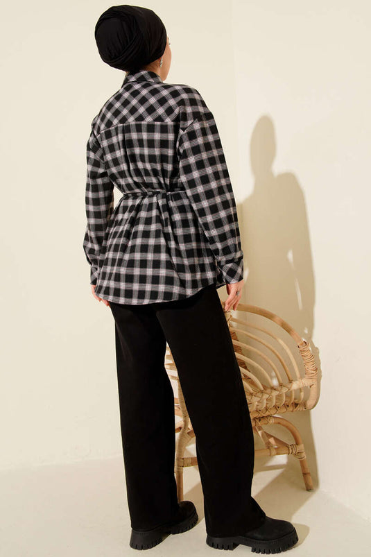 Chemise à carreaux avec détails en écharpe noire