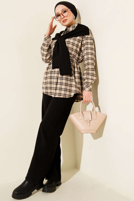 Chemise à carreaux avec détails en écharpe, couleur pierre