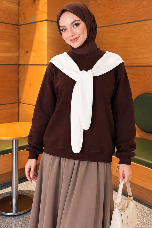 Atkı Detaylı Üç İplik Sweatshirt Kahve