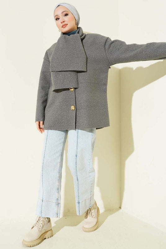 Scarfed Bouclé Jacket, Smoke Grey
