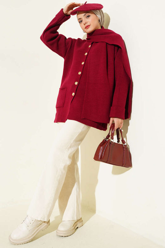 Cardigan en tricot bordeaux avec col châle, boutons et poches