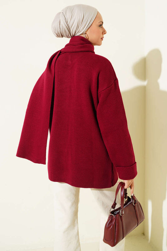 Cardigan en tricot bordeaux avec col châle, boutons et poches