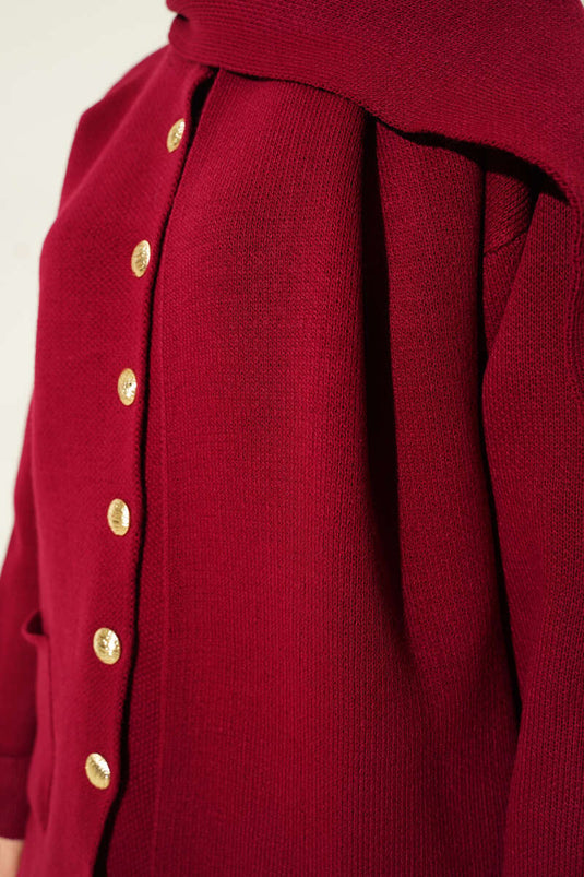 Cardigan en tricot bordeaux avec col châle, boutons et poches
