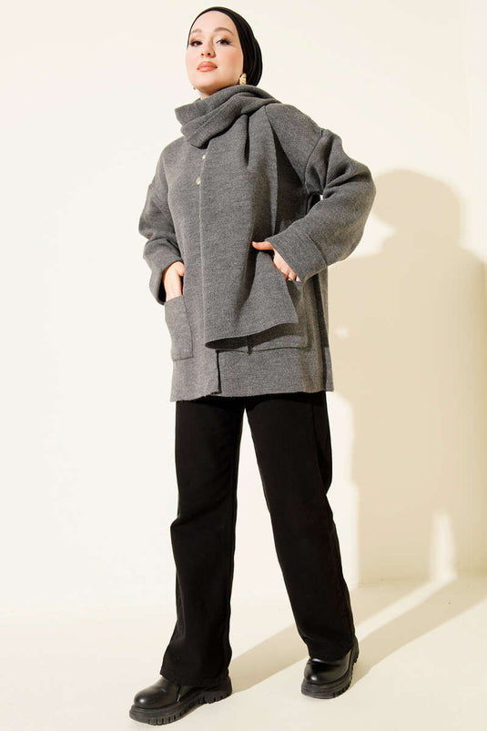 Scarf-Detailed, Buttoned, Pocketed Knitted Cardigan, Dark Gray